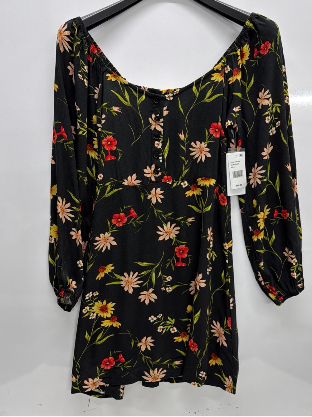Black Floral Long-Sleeve Scoop-Neck Dress with Red & Pink Blooms Hurley